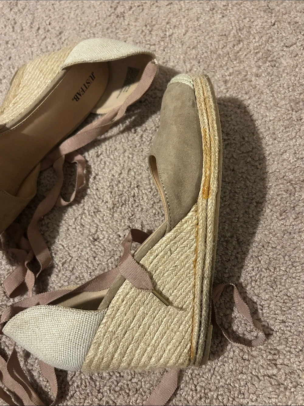 JustFab Taupe and Cream Espadrille Wedge Sandals with Ankle Wrap